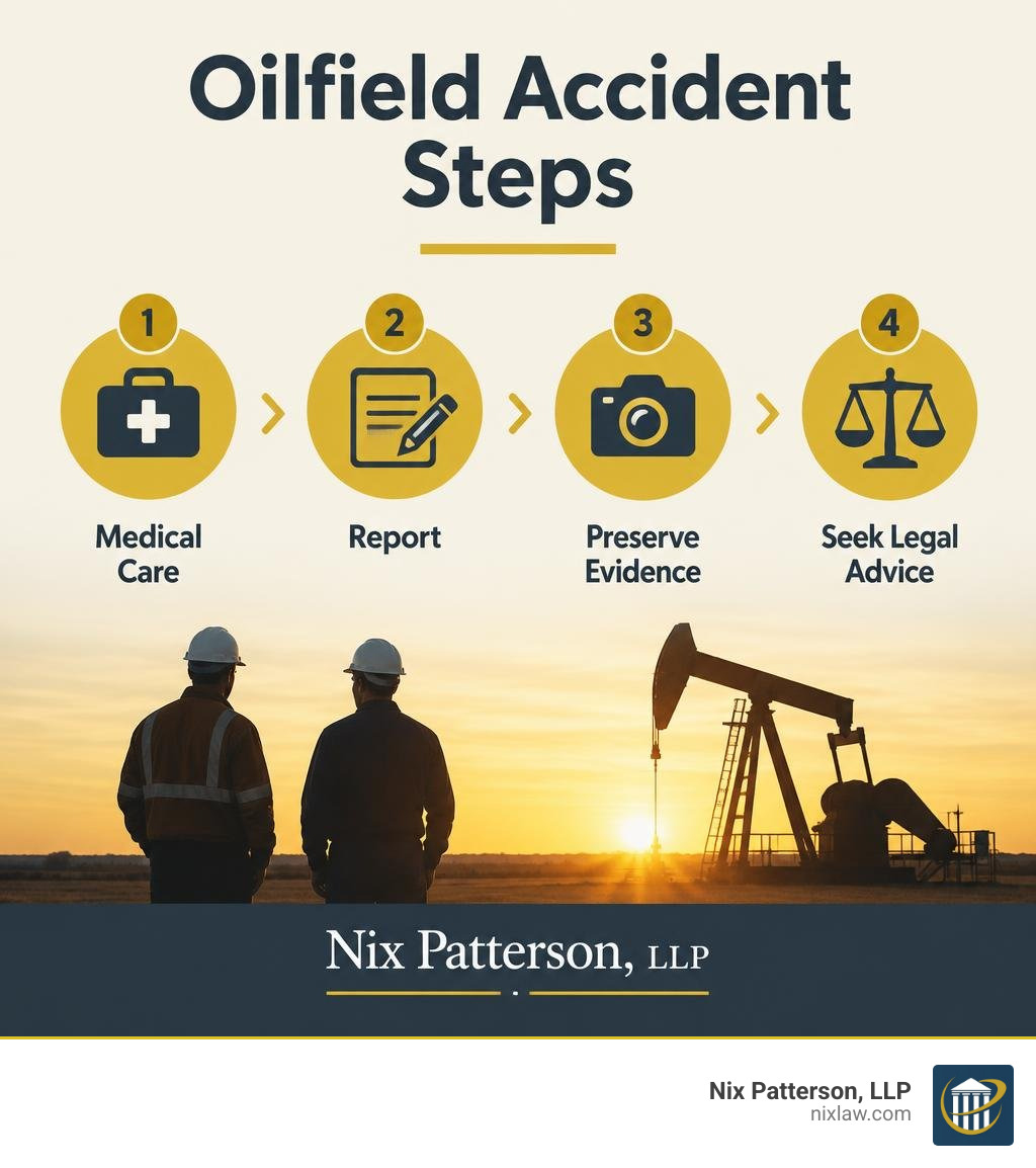 Oilfield accident steps: medical care, report, preserve evidence, seek legal advice infographic Oilfield accident steps: medical care, report, preserve evidence, seek legal advice infographic